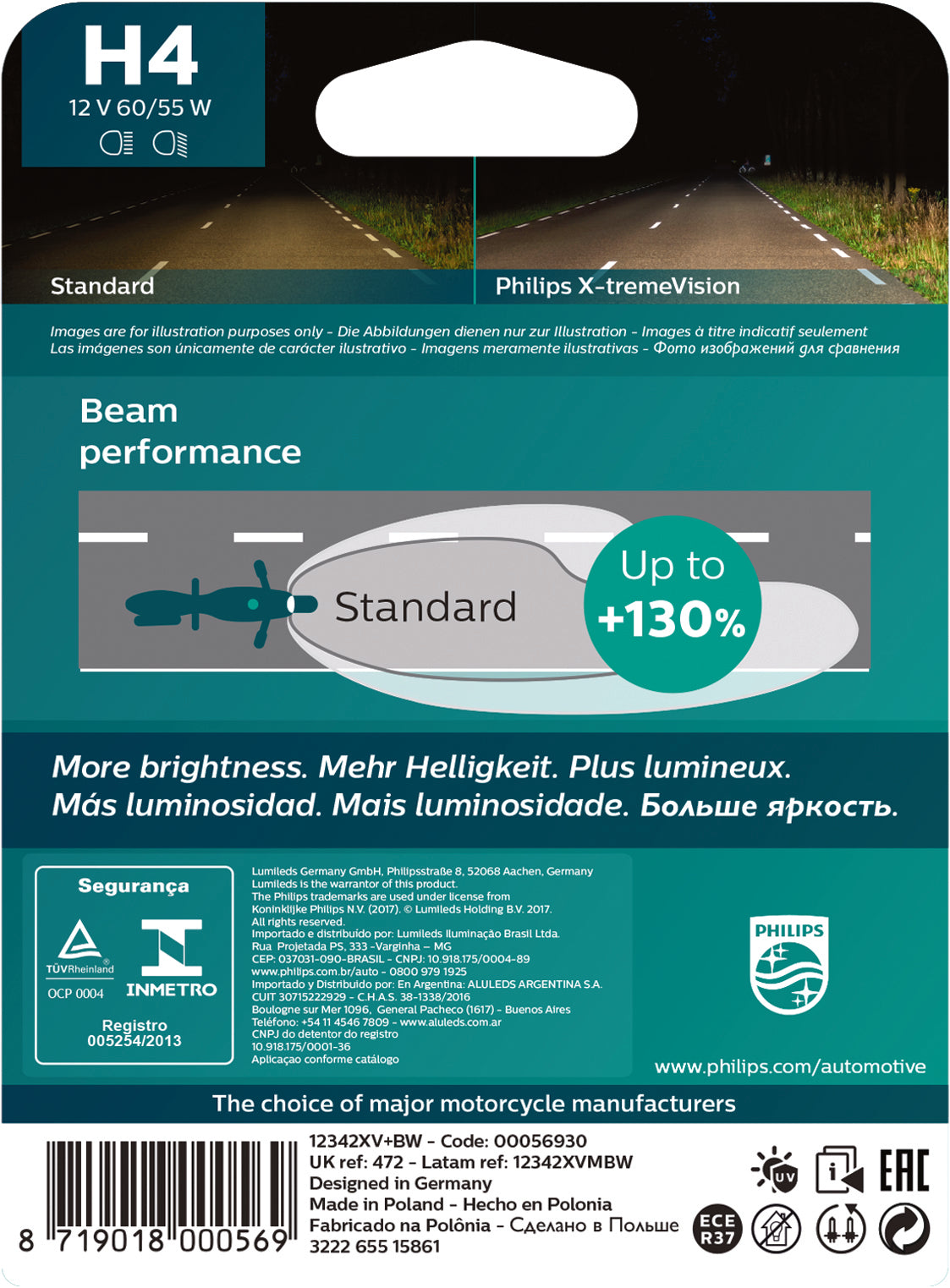 LAMPADA FAROL PHILIPS H4 60/55W X-TREMEVISION