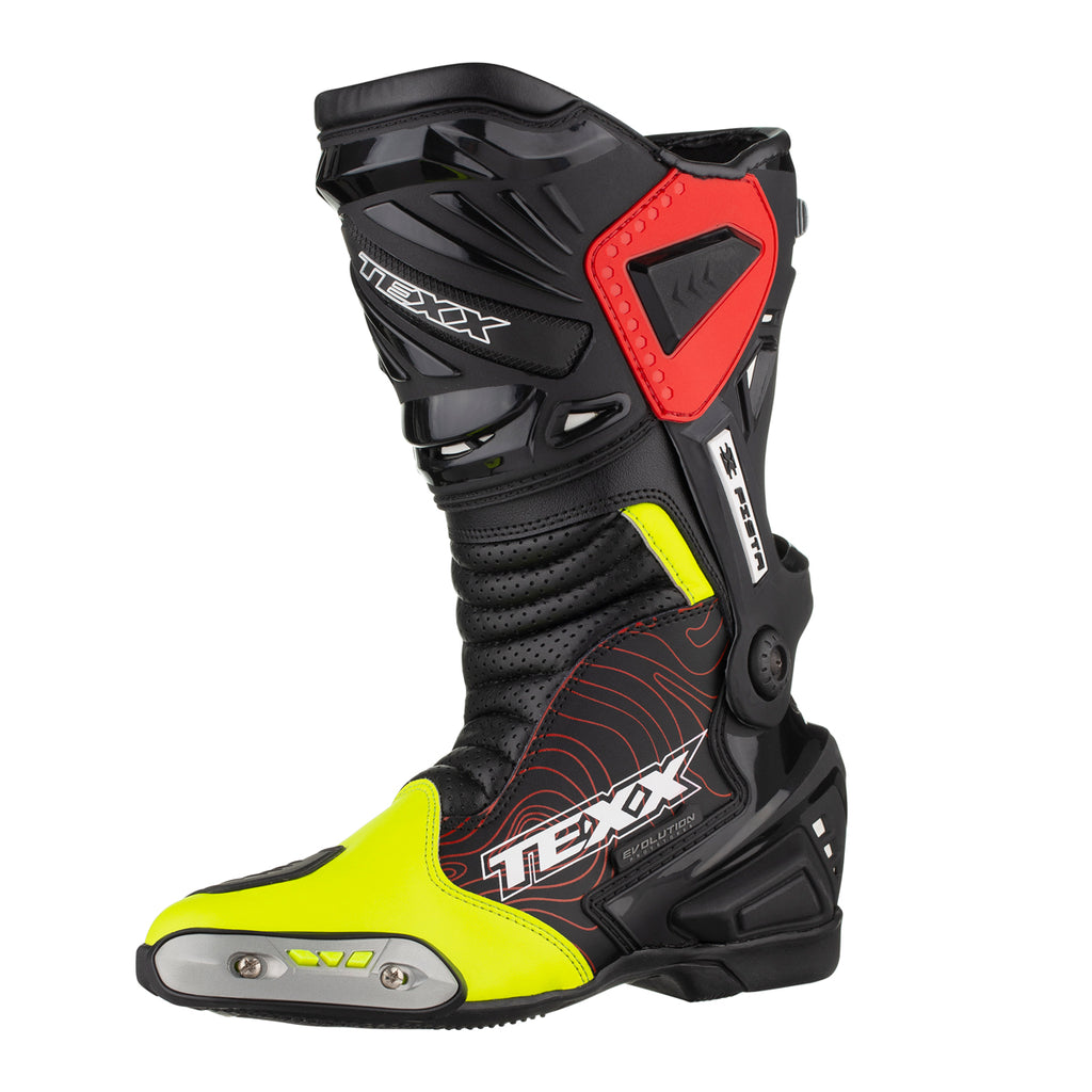 BOTA TEXX PISTA PRETA VERMELHA E AMARELA 40