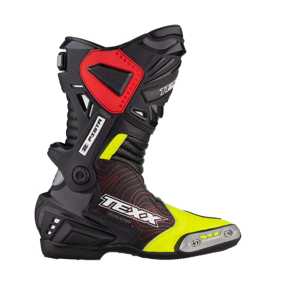 BOTA TEXX PISTA PRETA VERMELHA E AMARELA 42